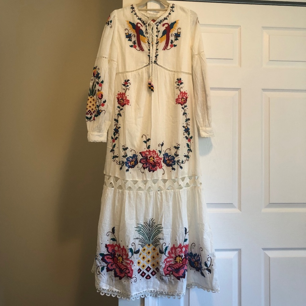 Farm Rio Macaw Crosstitch Embroidered Midi-Dress